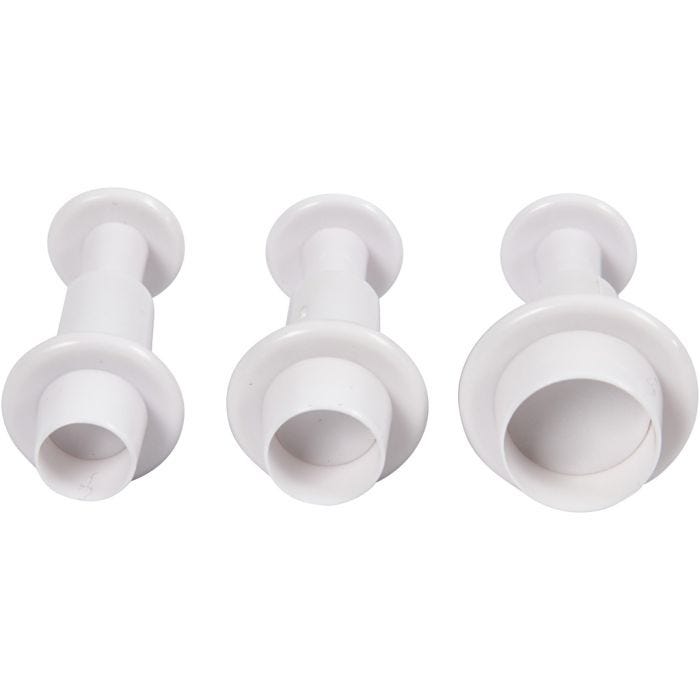 Tagliabiscotti con timbro, cerchio, diam 1,1+1,3+1,7 cm, bianco, 3 pz/ 1 conf.