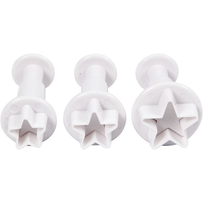 Tagliabiscotti con timbro, stella, diam 2,1+2,3+2,6 cm, bianco, 3 pz/ 1 conf.