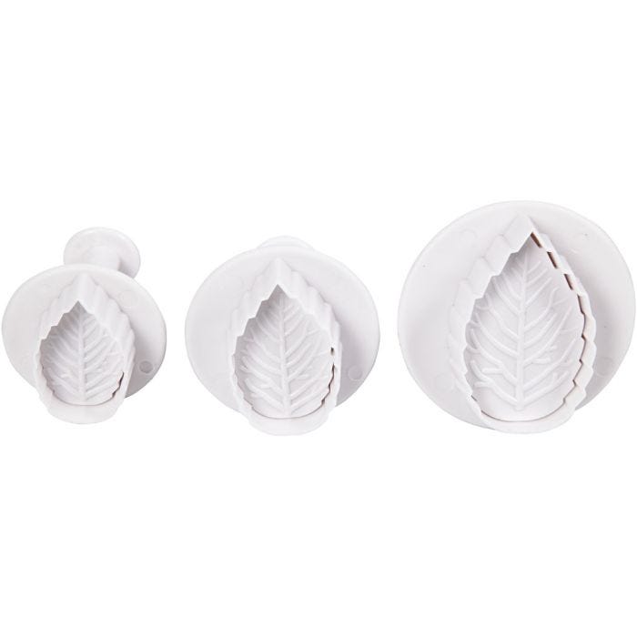 Tagliabiscotti con timbro, foglia, diam 3,4+4,4+4,9 cm, bianco, 3 pz/ 1 conf.