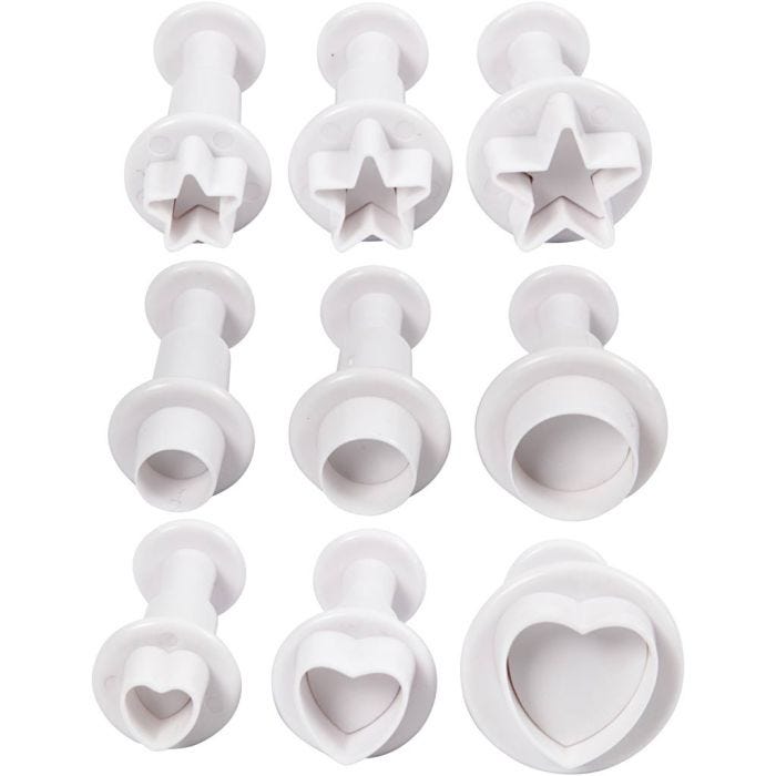 Tagliabiscotti con timbro, stella, cerchio, cuore, diam 1,1-3, bianco, 9 pz/ 1 conf.