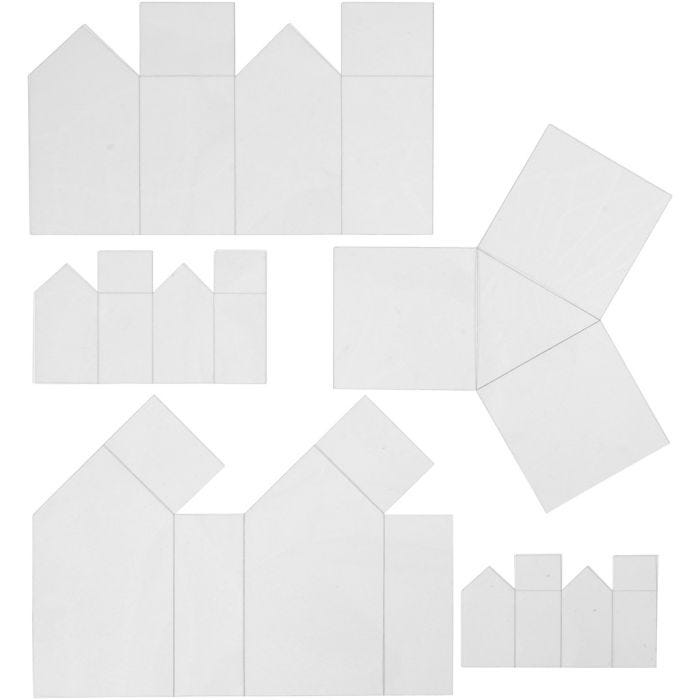Stampini da montare, case e triangoli, H: 6-14,5 cm, spess. 0,5 mm, transparent, 5 pz/ 1 conf.