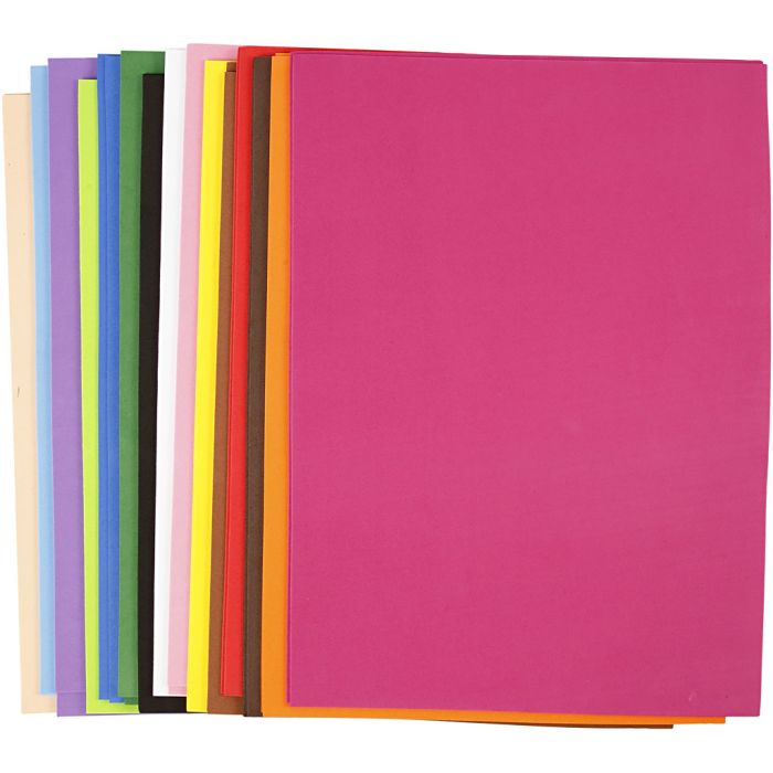 Fogli di EVA foam, A3, foglio 297x420 mm, spess. 2 mm, colori asst., 30 fgl. asst./ 1 conf.