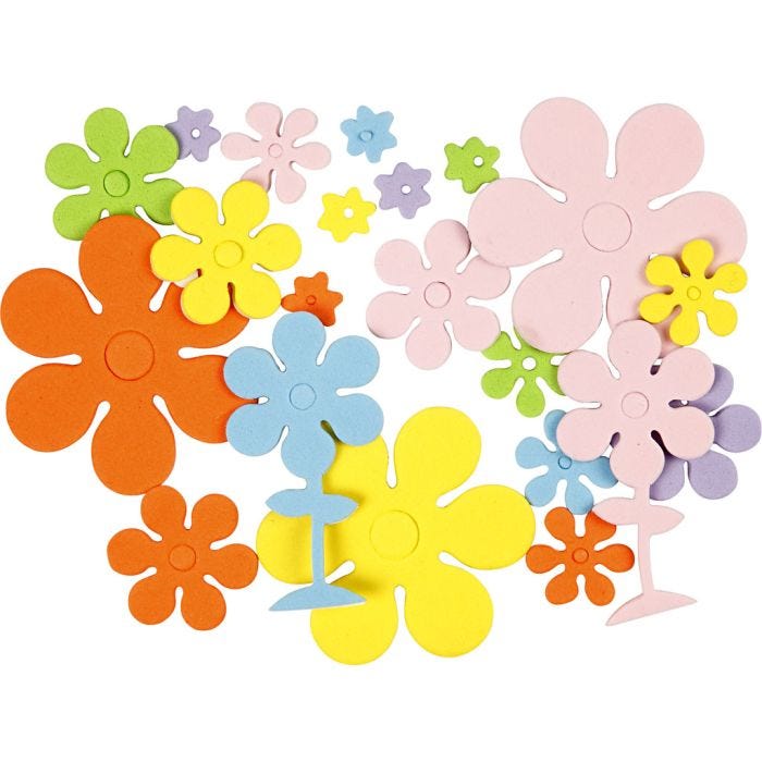 Fiori di gomma EVA, 10-60 mm, 2 mm, colori asst., 100asst./ 1 conf.