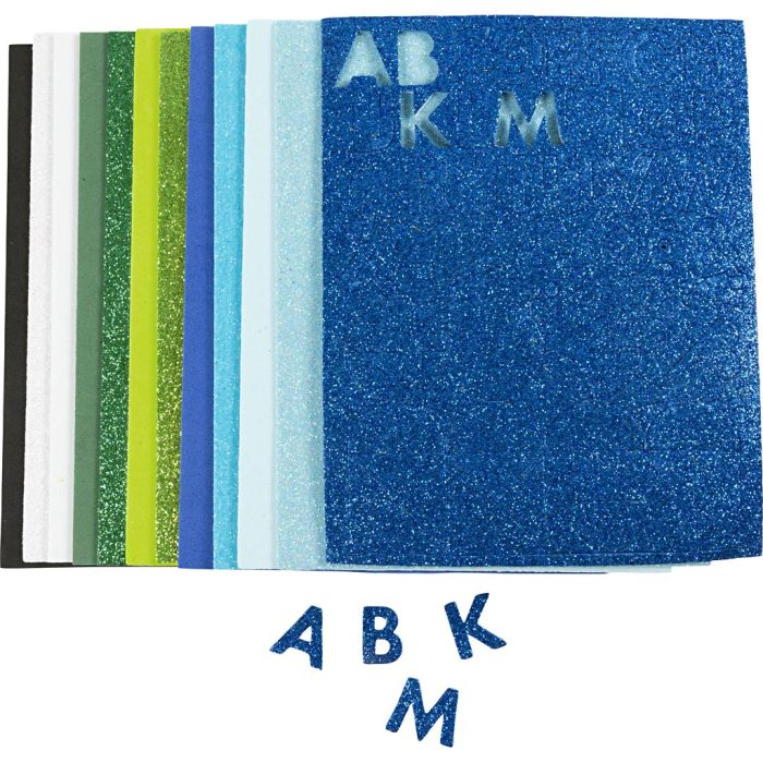 Gomma EVA, misura 14x25 cm, spess. 2 mm, armonia blu/verde, 12 fgl./ 1 conf.