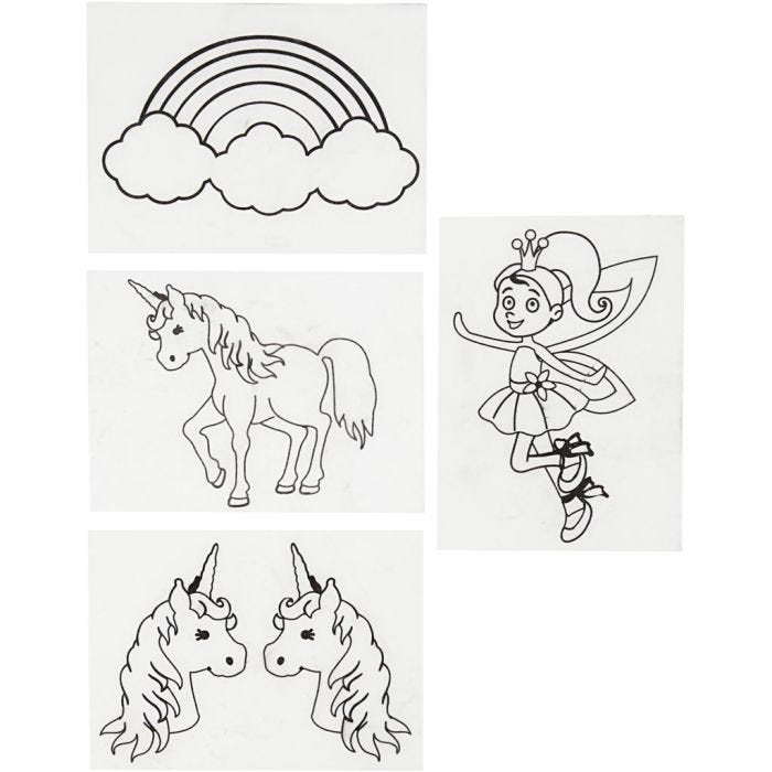 Fogli di plastica restringente con motivi, unicorni, foglio 10,5x14,5 cm, spess. 0,3 mm, trasparente opaco, 4 fgl./ 1 conf.