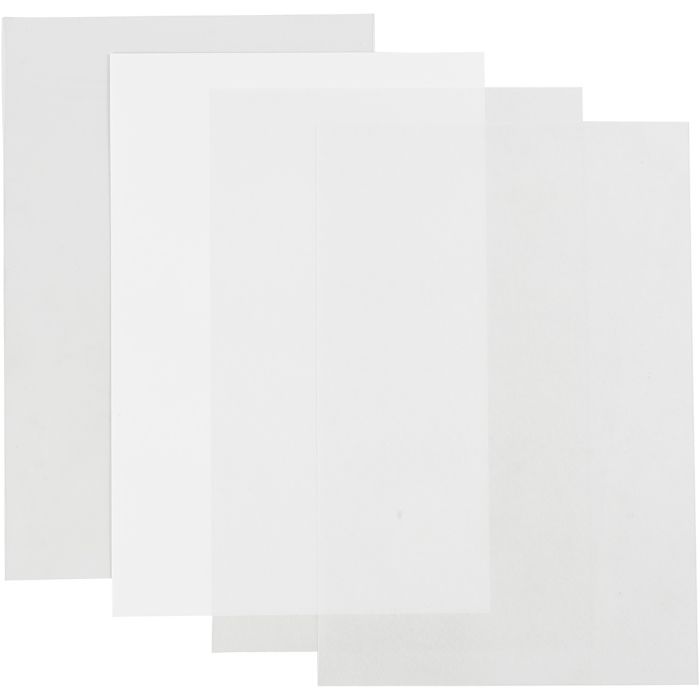 Fogli di plastica restringente, foglio 20x30 cm, spess. 0,3 mm, lucido trasparente, trasparente opaco, bianco opaco, 4 fgl./ 1 conf.