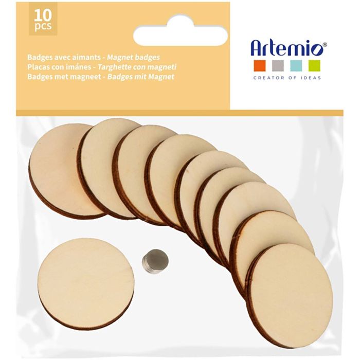 Badge magnetici in legno, misura 4.5 cm, 10 pz/ 1 conf.