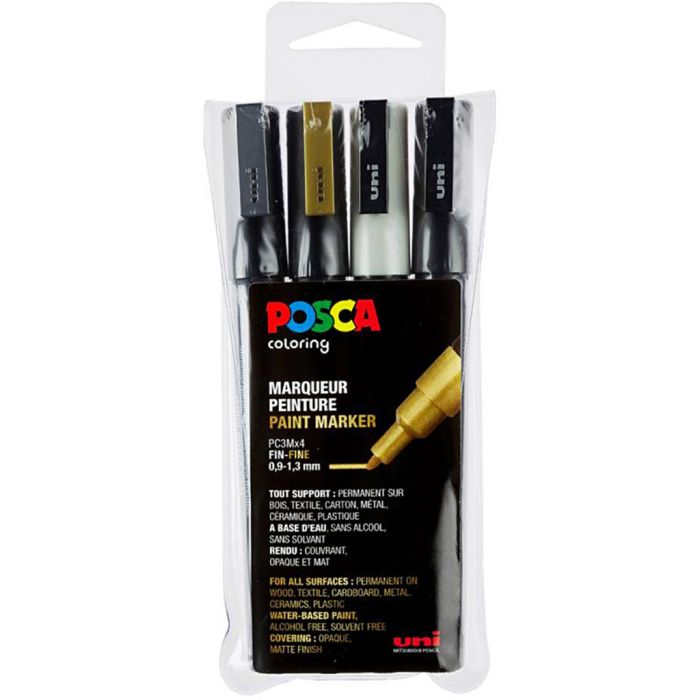 Set di pennarelli Posca, PC-3M, dim. PC-3M, nero, oro, argento, bianco, 4 pz/ 1 conf.