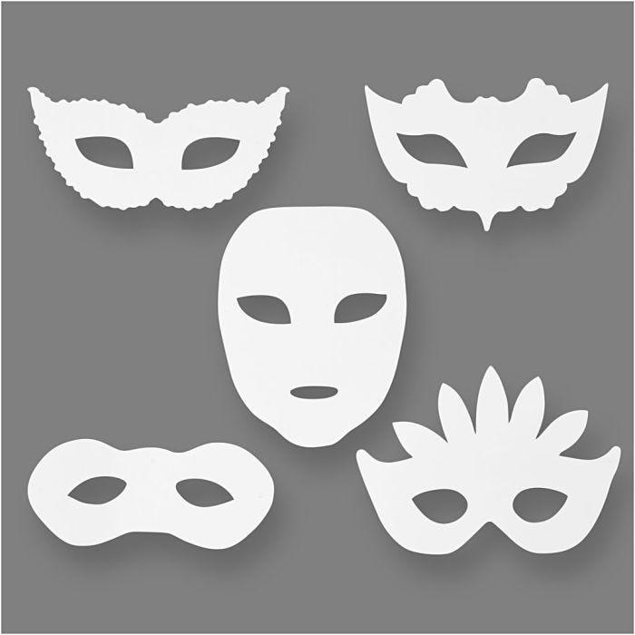 Maschere masquerade, H: 8,5-19 cm, L: 15-20,5 cm, 230 g, bianco, 16 pz/ 1 conf.