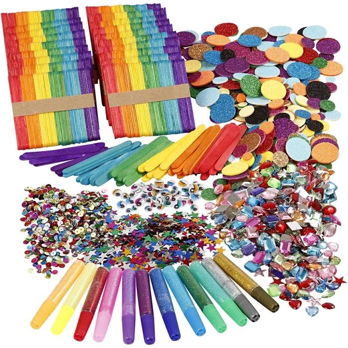 Glitter e bastoncini di legno, colori asst., 1 set