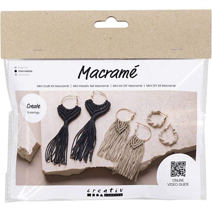 Kit Fai da te Mini Macramé, Orecchini, nero, oliva-marrone, sand, 1 conf.