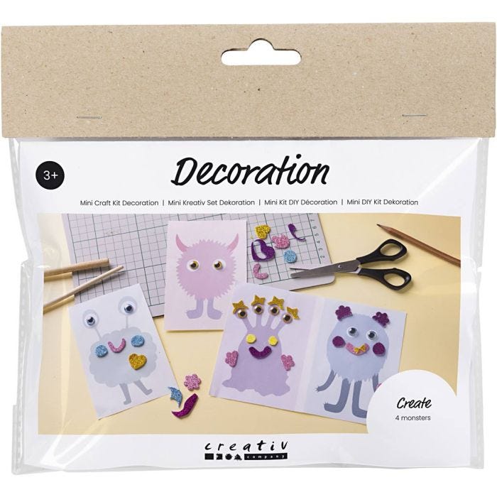 Kit Fai da te Mini Decorazioni, Collage di mostri, blu pastello, verde pastello, pastel pink, lilla pastello, 1 conf.