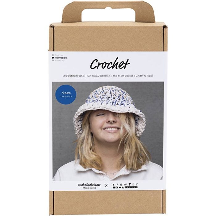 Kit Fai da te Uncinetto, Berretto alla pescatora spesso, blu, natural chiaro, giallo, 1 conf.
