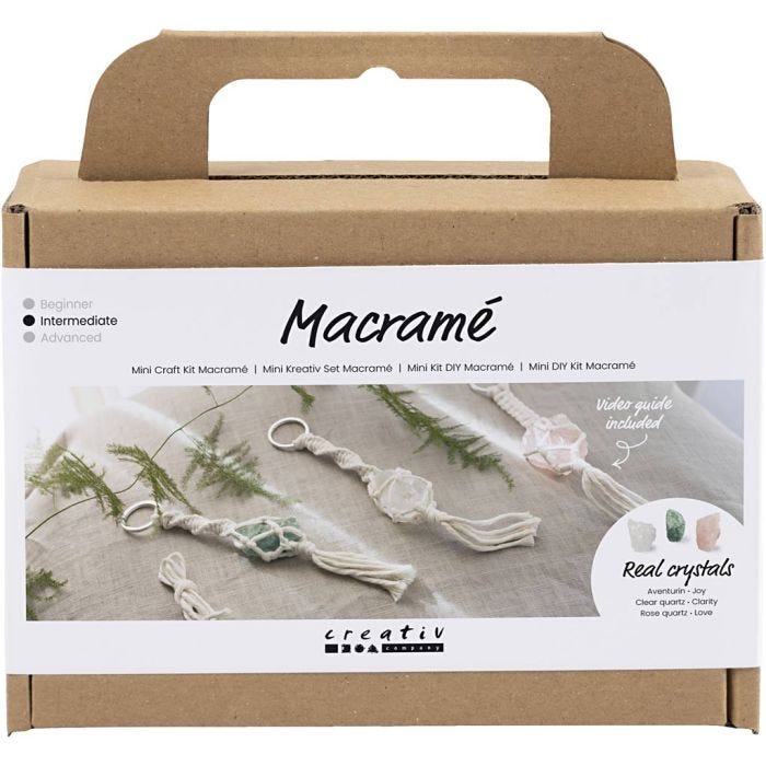 Kit Fai da te Mini Macramé, Portachiavi, trasparente opaco, verde pallido, rosato pallido, natural chiaro, 1 conf.