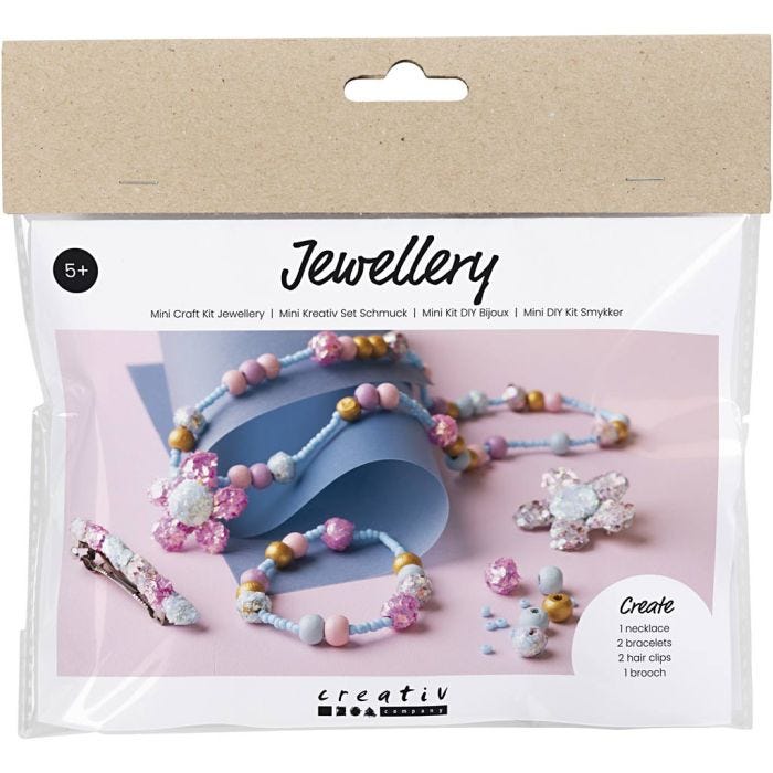 Kit Fai da te Mini Gioielli, Collana, bracciale, clip, spilla, blu, azzurro, pastel pink, 1 conf.