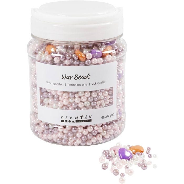 Perline di cera, misura buco 1,3-2,5 mm, pastel orange, rosato tenue, lilla chiaro, madreperla, 425 g, 700 ml/ 1 vasch.