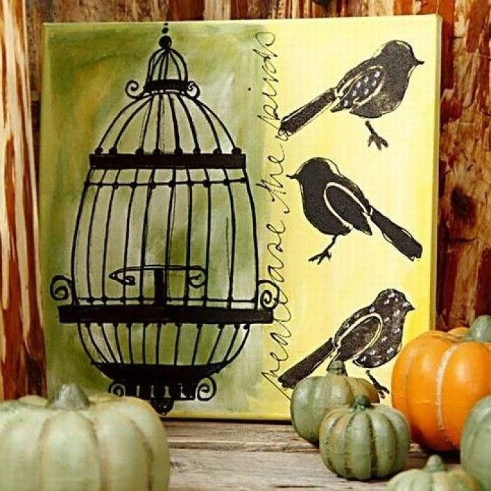 An Art Canvas with Birds and a Cage