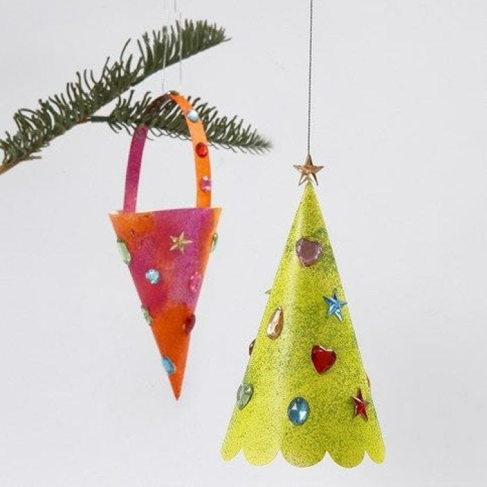 Cone & Christmas Tree decorated with Glitter Paint & Rhinestones