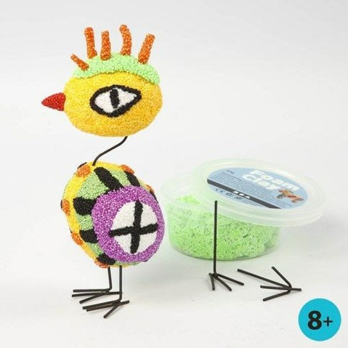 A Bird made from Foam Clay on Polystyrene Eggs with Metal Legs