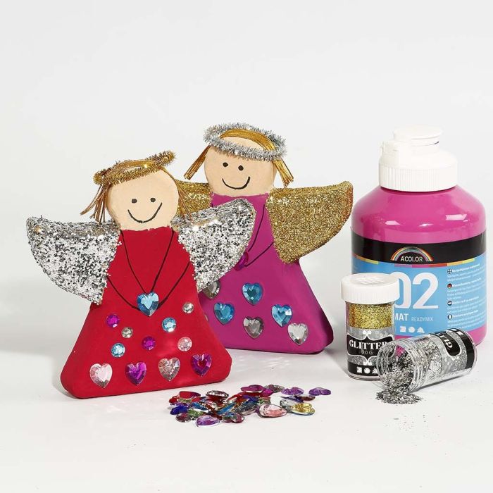 Angelo di cartapesta con strass, capelli e aureola