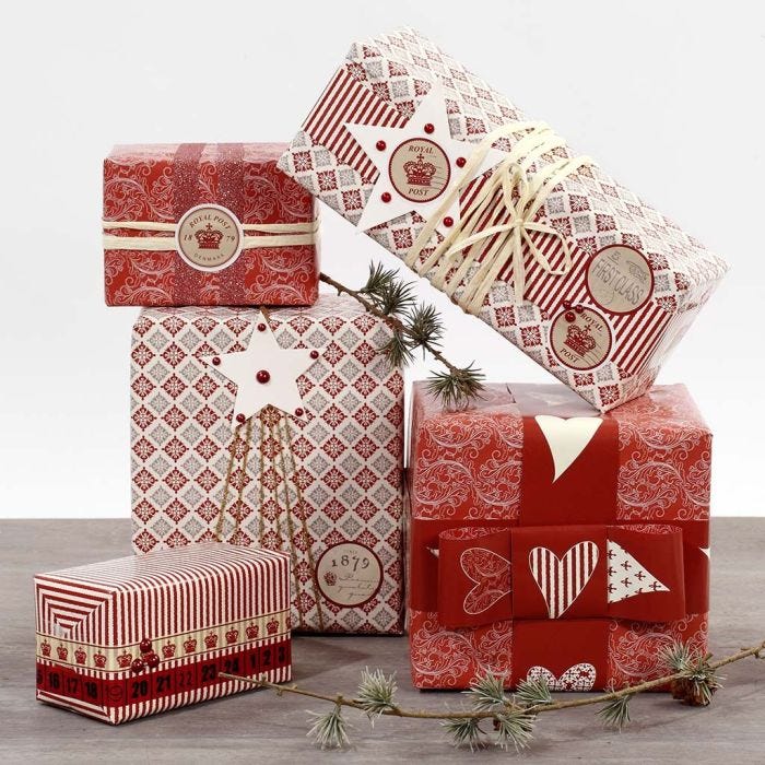 Red and white Gift Wrapping with Stickers and Ribbon