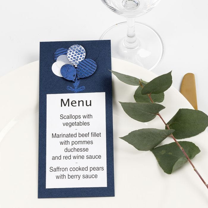 Menu con palloncini di carta decorata con Deco Foil