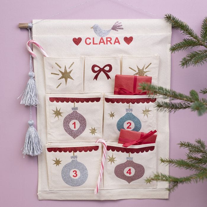 A hanging organiser decorated as an Advent calendar with iron-on foil