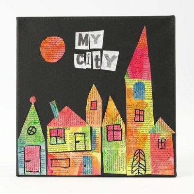 A black artist&rsquo;s canvas featuring a collage made from coloured newspaper