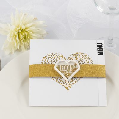 Menù nuziale con carta fantasia dorata glitter e shaker sticker