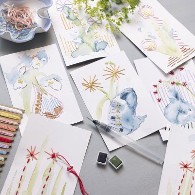 Immagini ad acquerello e ricamo