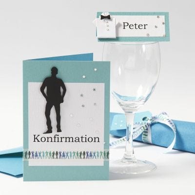 Invito e decorazioni da tavola per la Cresima di un ragazzo