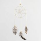 A Dream Catcher made from a Metal Ring wound with Cotton Yarn, waxed Cotton Cord and decorated with Feathers