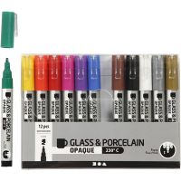 Penna per vetro e porcellana, ampiezza tratto 1-2 mm, semi opaco, colori asst., 12 pz/ 1 conf.