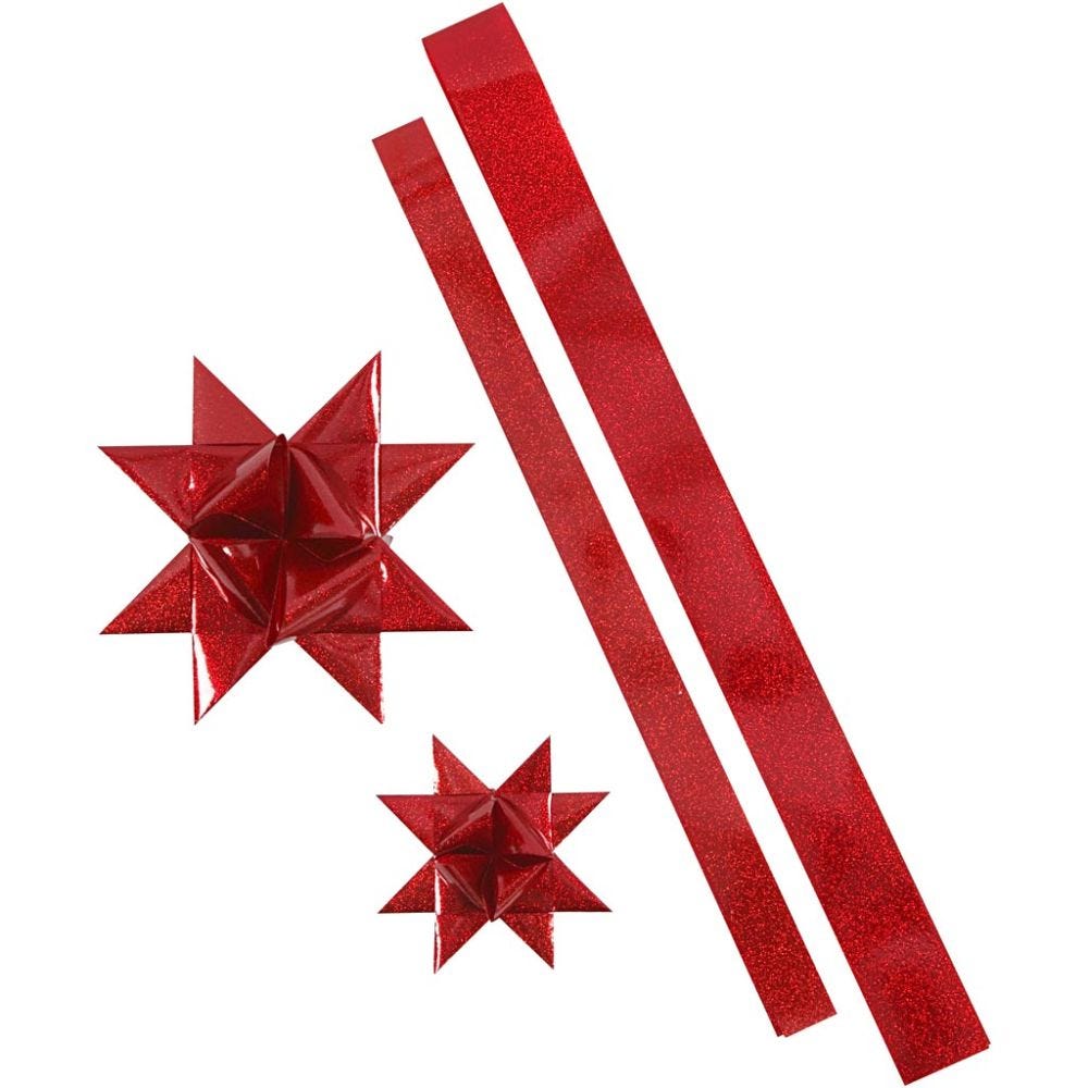 Strisce per stelle, L: 86+100 cm, diam 11,5+18,5 cm, L: 25+40 mm, rosso, rosso glitter, 96 strisce/ 1 conf.