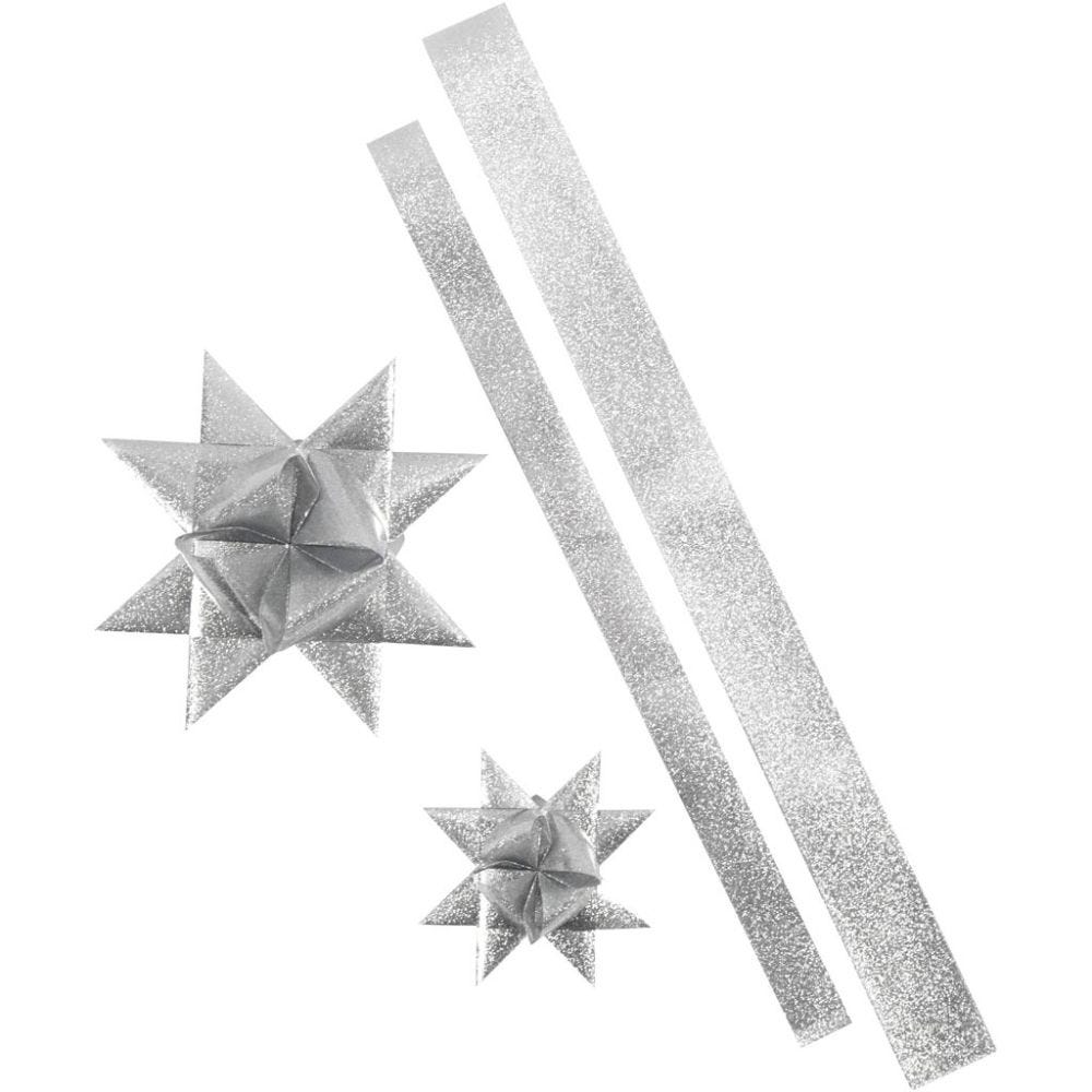 Strisce per stelle, L: 86+100 cm, diam 11,5+18,5 cm, L: 25+40 mm, argento glitter, 96 strisce/ 1 conf.
