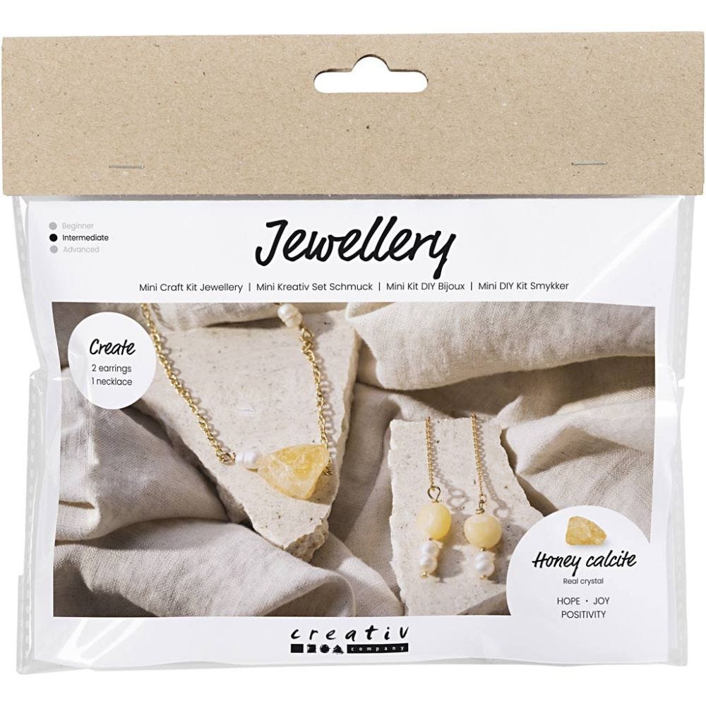 Kit Fai da te Mini Gioielli, Collana e orecchini in calcite gialla, 1 conf.